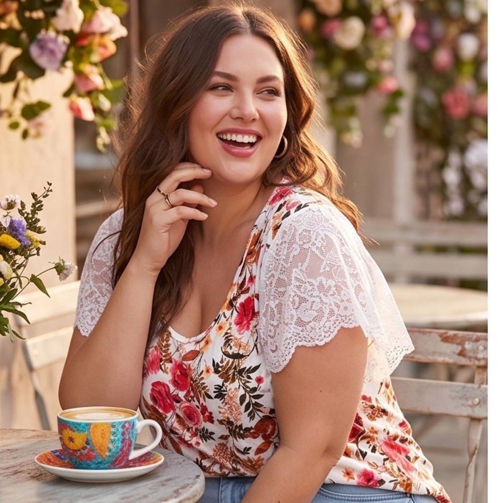 Torrid 3 Super‎ Soft Knits Floral Lace Sleeve Top White Pink Plus 3X Romantic